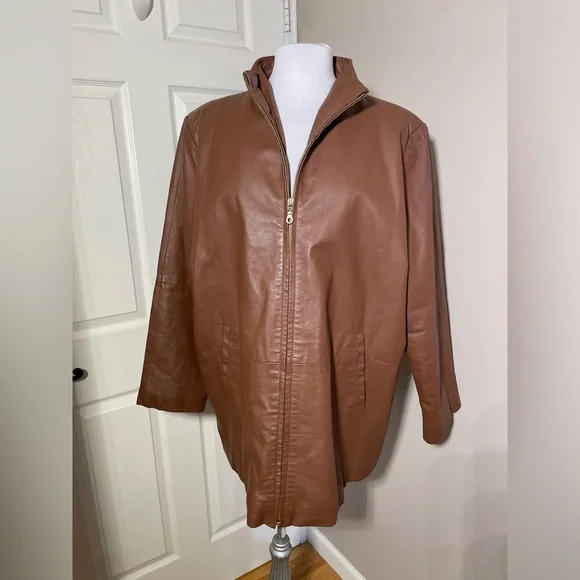 VERANESI WOMEN'S Cognac Brown Leather Zip mid length Jacket Size